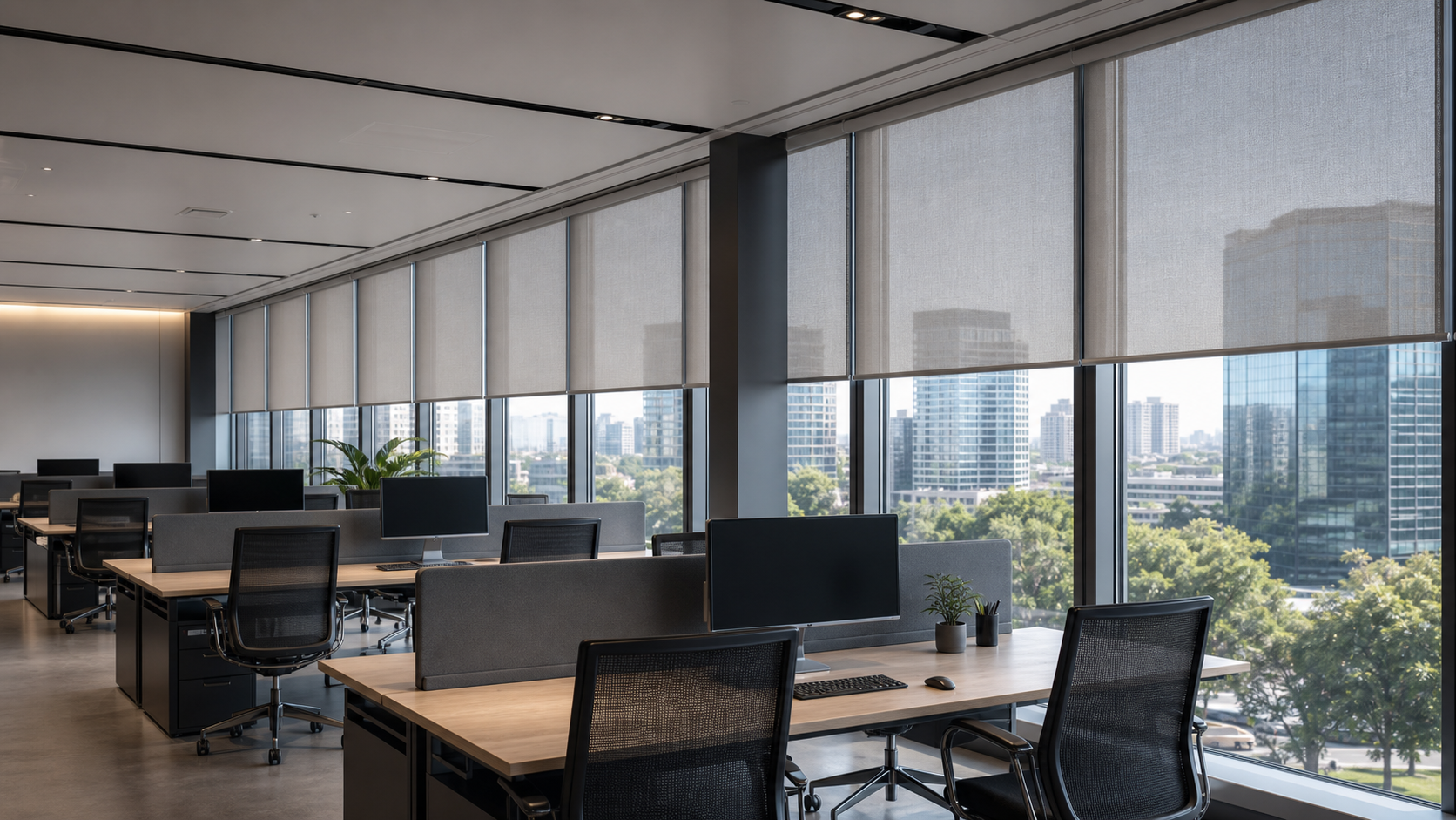 Solar roller shades filtering daylight in a commercial office